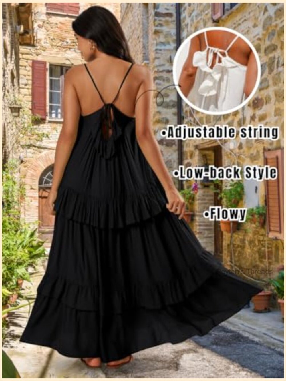 Tiered Ruffle Backless Spaghetti Strap Flowy Maxi Sundress Summer Beach - Picture 4 of 7